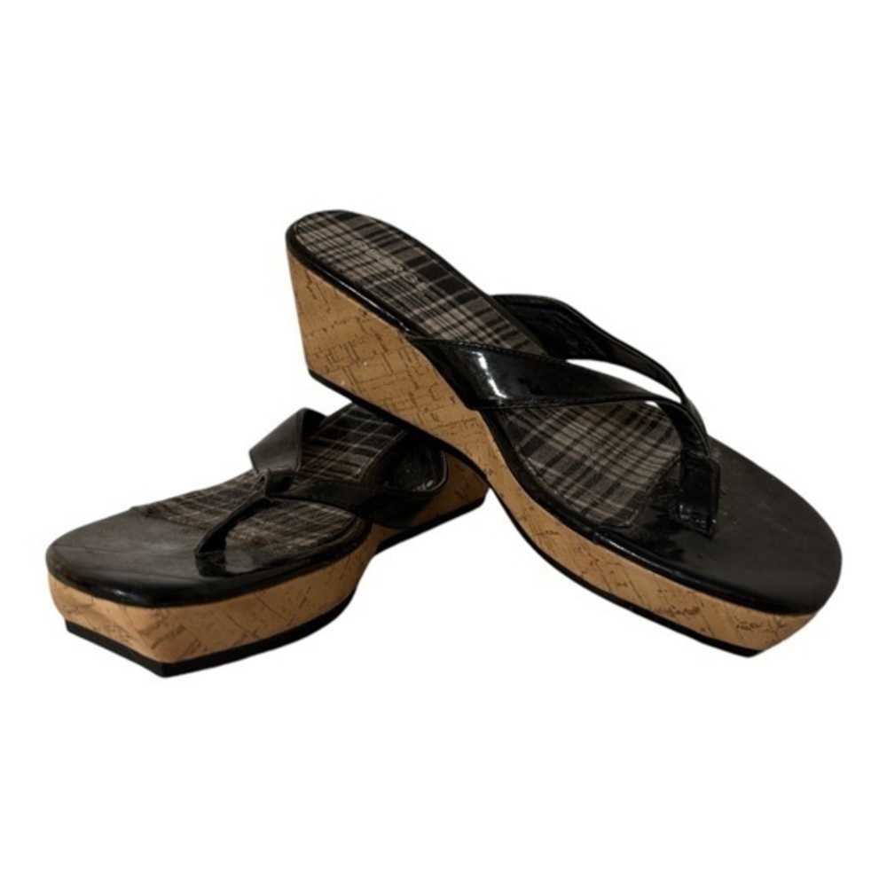 George Womens Black Patent Leather Wedge Flip Flops Harp Size 10